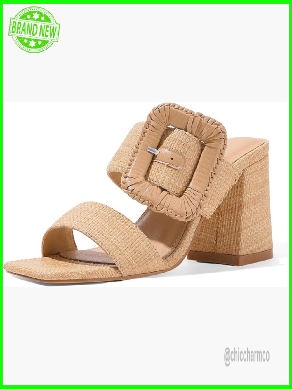 Woven Raffia Heeled Sandals Square Toe Chunky Block Heels Double Strap Mules